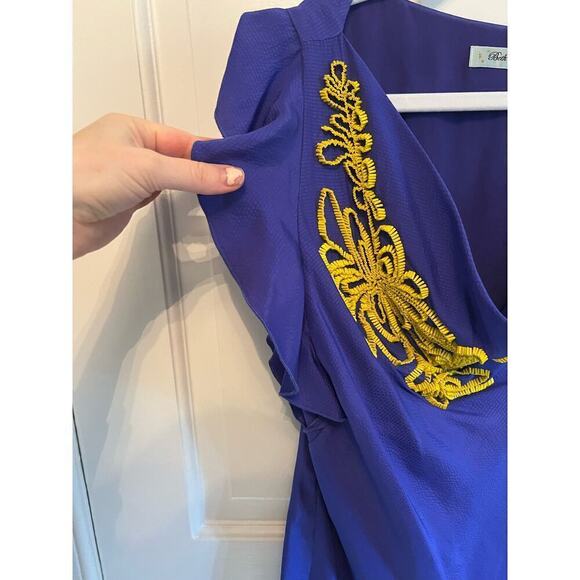 Beth Bowley Purple Beaded Floral Yellow Flutter Sleeve Top Slinky Women's M - Picture 2 of 13
